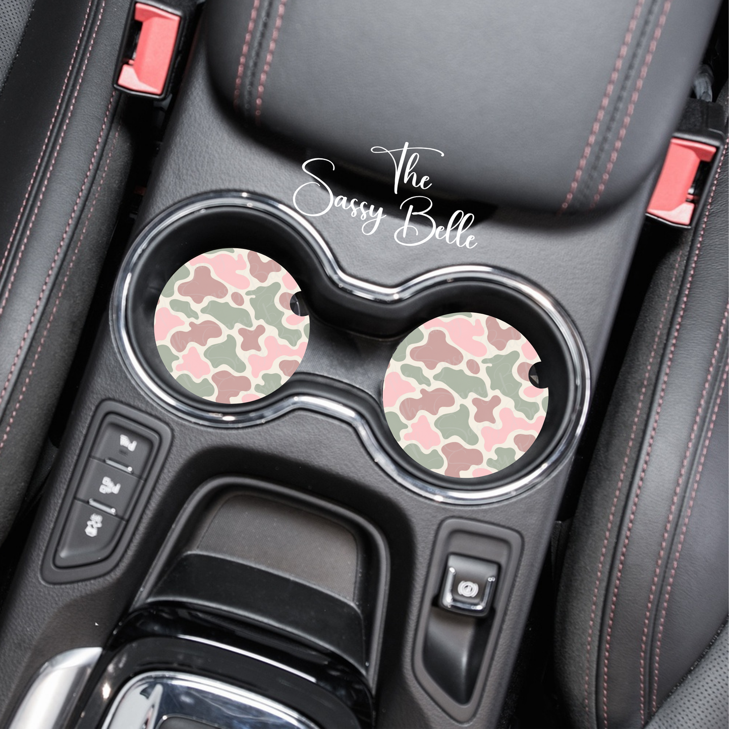 Pink & Sage Camo Car Coasters Set of 2 – Neoprene Cup Holder Coasters, Cute Camouflage Car Accessories for Women