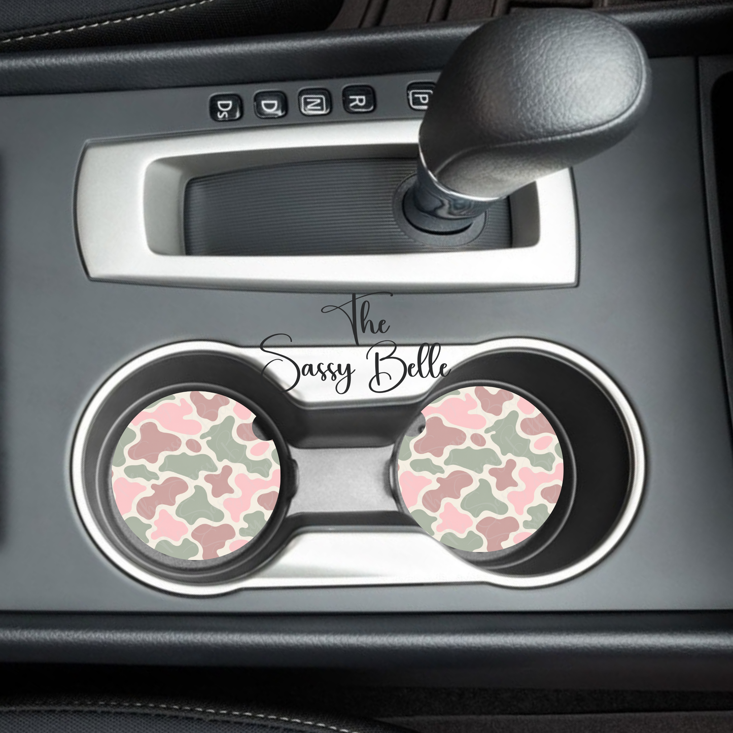 Pink & Sage Camo Car Coasters Set of 2 – Neoprene Cup Holder Coasters, Cute Camouflage Car Accessories for Women