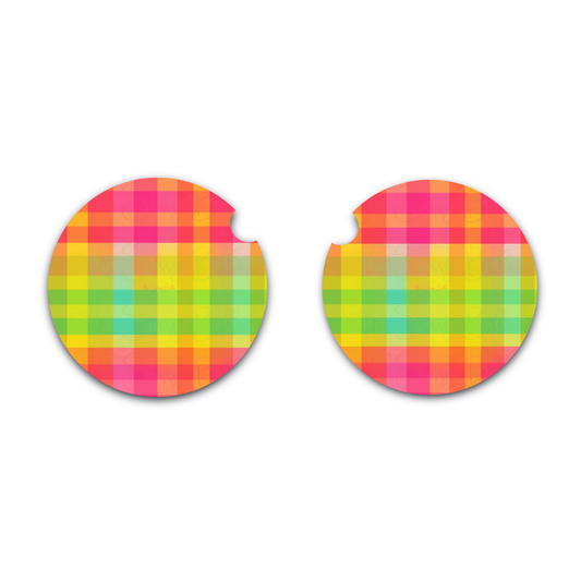 Colorful Plaid Car Coasters, Vibrant Stripped Auto Accessories, Cute Car Cup Holder, Neoprene Car Coasters, Set of Two, Interior Car Accessories, Gift for Drivers