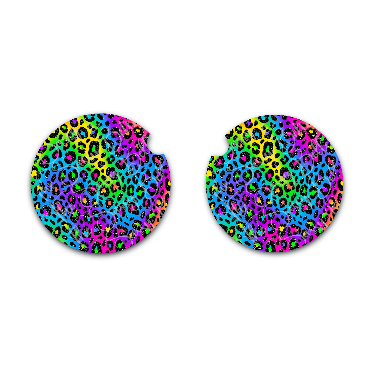 Rainbow Leopard Neoprene Car Coasters Set of 2 | Colorful Cheetah Print Cup Holder Coasters | Cute Girly Car Accessories for Women
