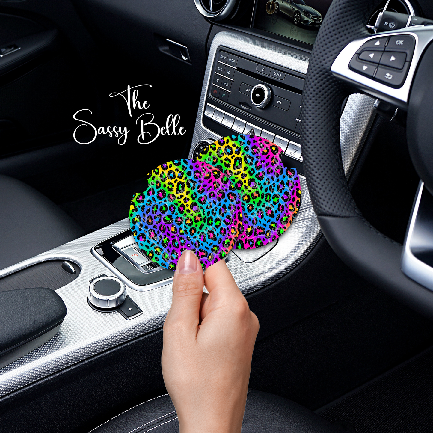 Rainbow Leopard Neoprene Car Coasters Set of 2 | Colorful Cheetah Print Cup Holder Coasters | Cute Girly Car Accessories for Women
