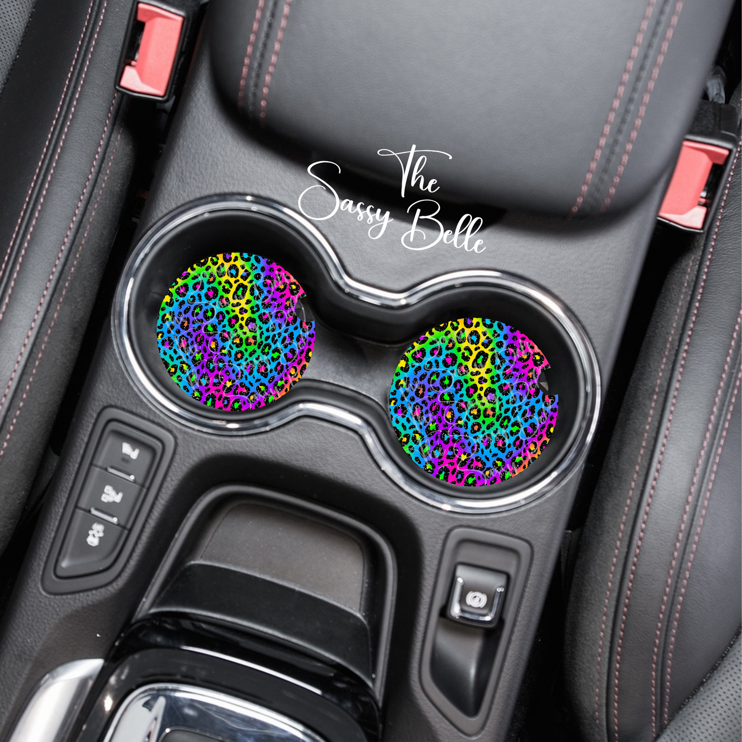 Rainbow Leopard Neoprene Car Coasters Set of 2 | Colorful Cheetah Print Cup Holder Coasters | Cute Girly Car Accessories for Women