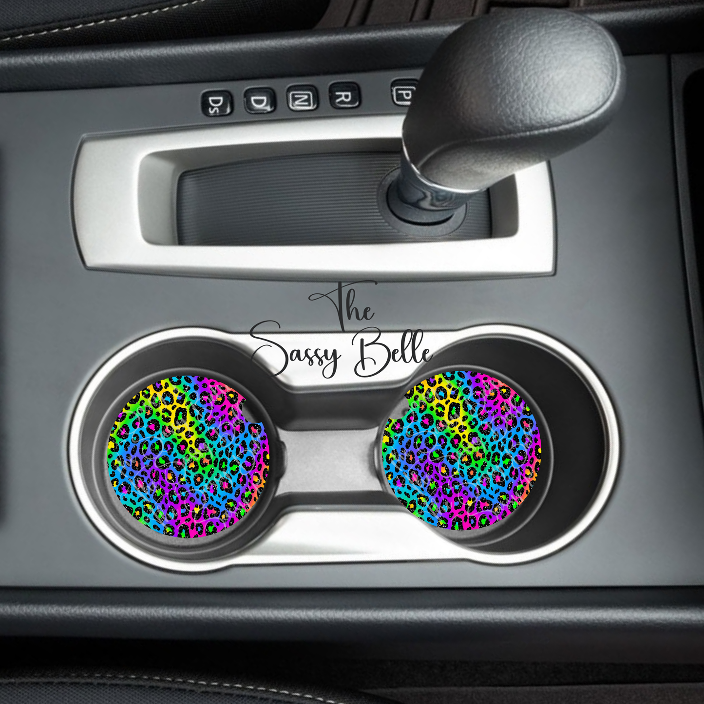 Rainbow Leopard Neoprene Car Coasters Set of 2 | Colorful Cheetah Print Cup Holder Coasters | Cute Girly Car Accessories for Women