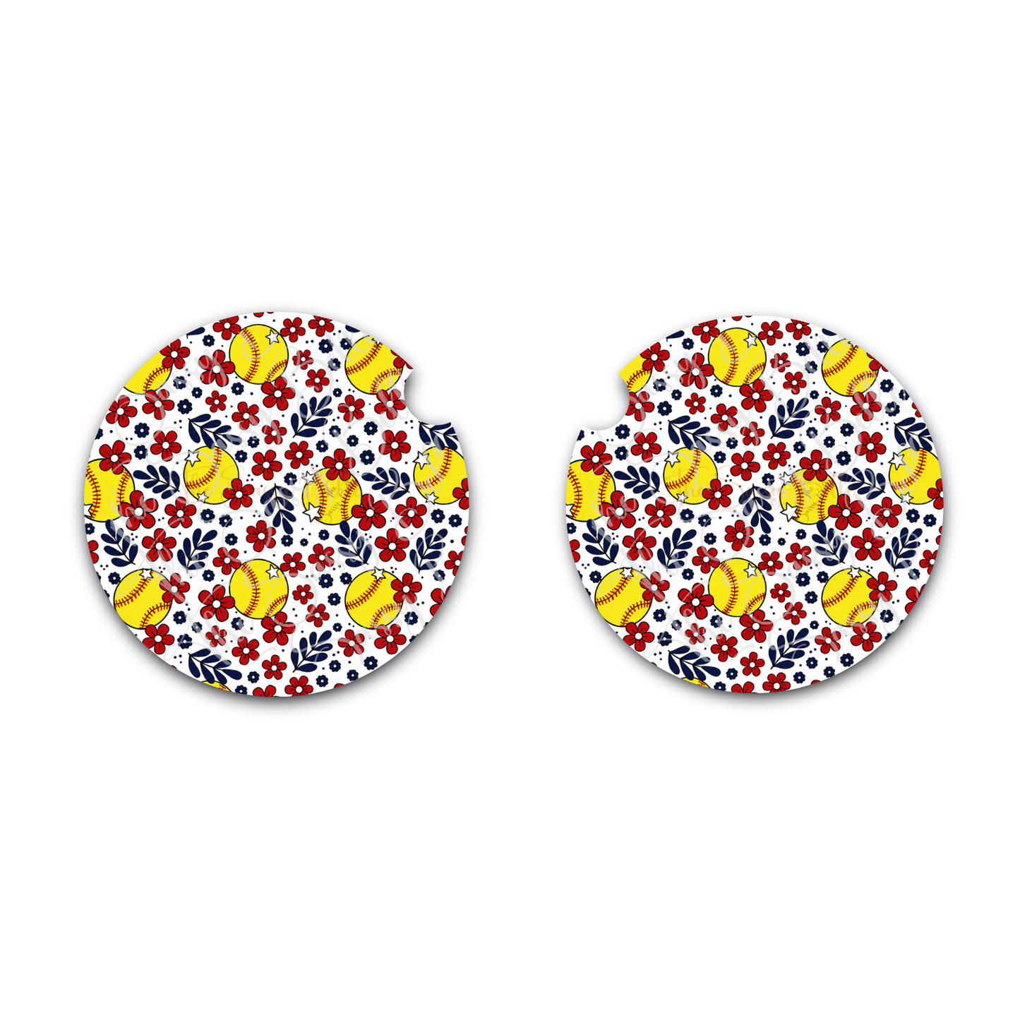 Floral Softball Car Coasters Set of 2 | Softball Mom Car Accessories | Neoprene Cup Holder Coasters | Cute Car Decor Gift