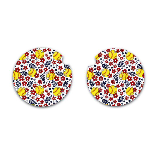 Floral Softball Car Coasters Set of 2 | Softball Mom Car Accessories | Neoprene Cup Holder Coasters | Cute Car Decor Gift