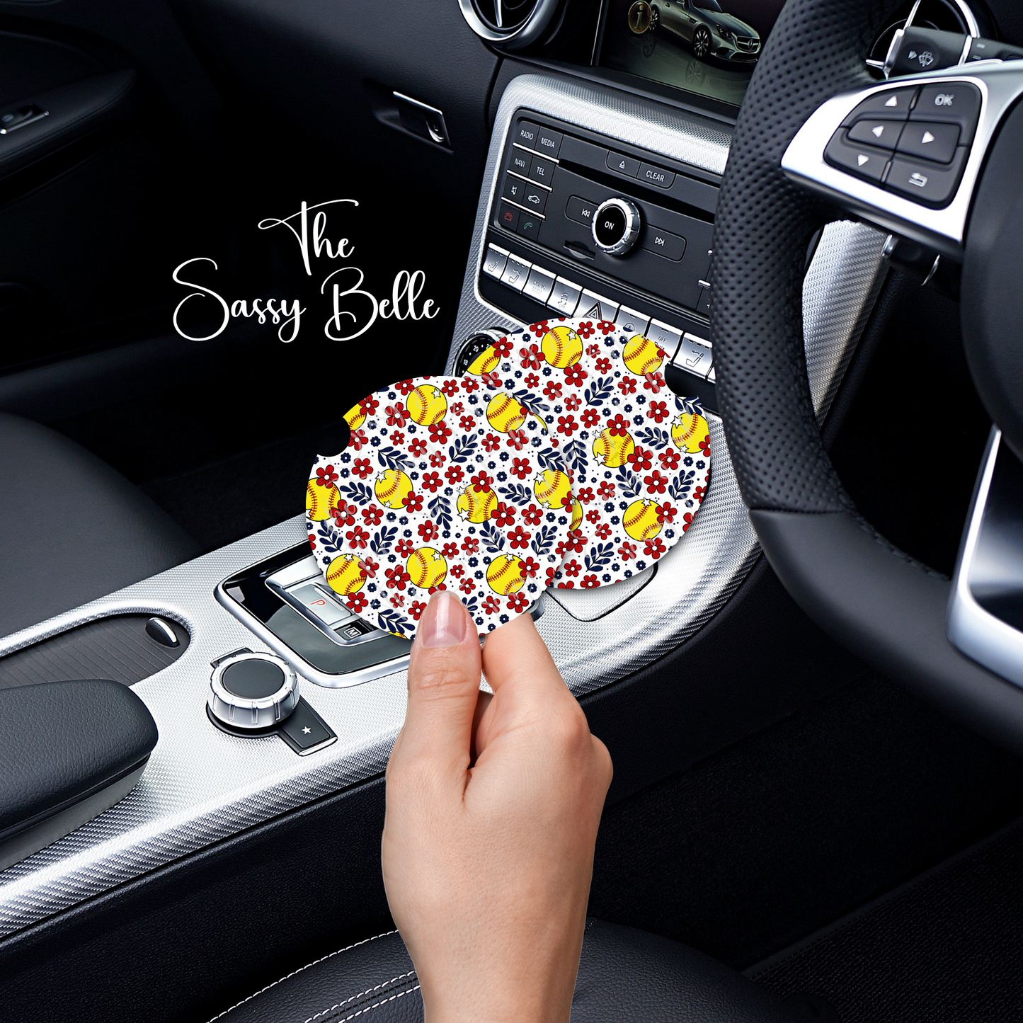 Floral Softball Car Coasters Set of 2 | Softball Mom Car Accessories | Neoprene Cup Holder Coasters | Cute Car Decor Gift