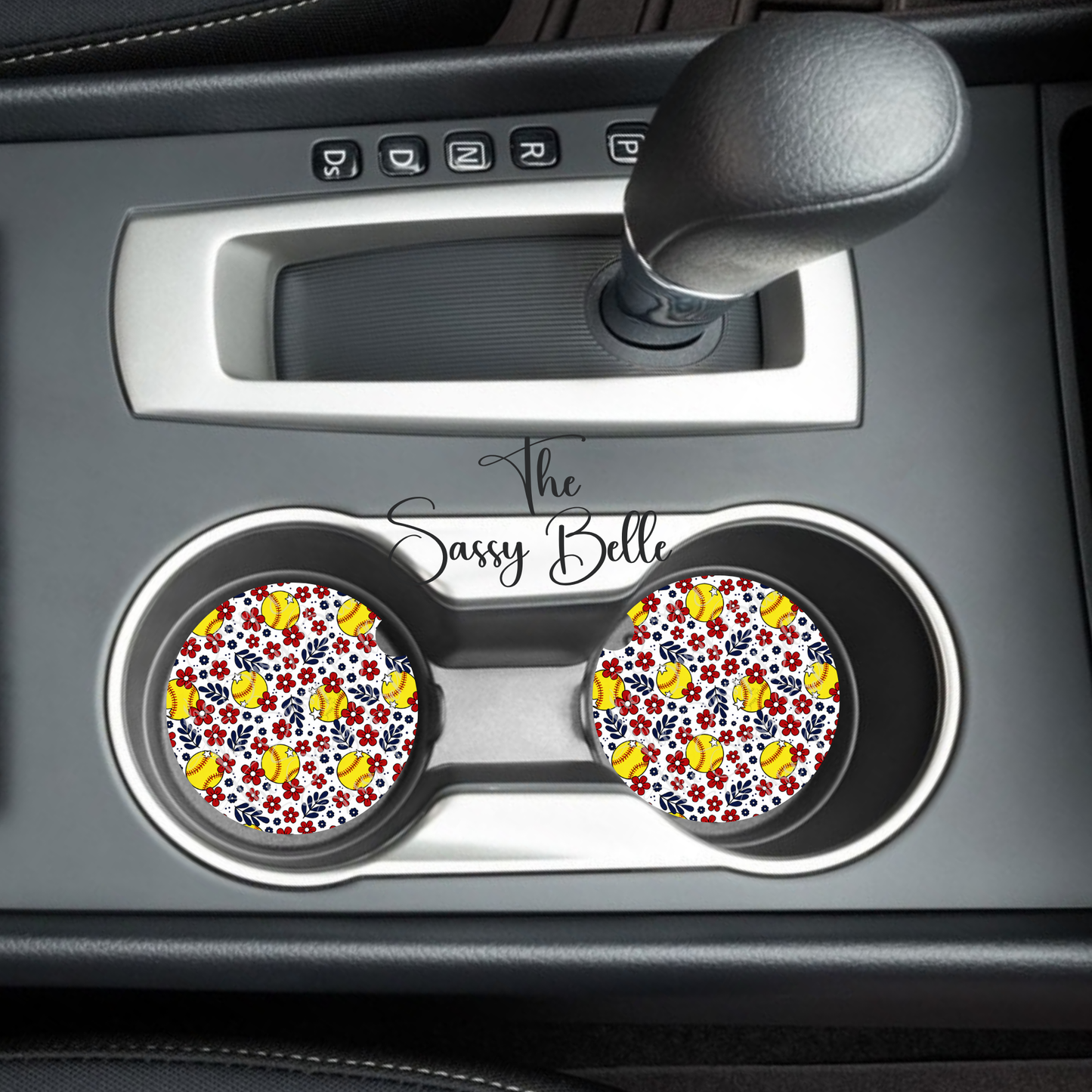 Floral Softball Car Coasters Set of 2 | Softball Mom Car Accessories | Neoprene Cup Holder Coasters | Cute Car Decor Gift