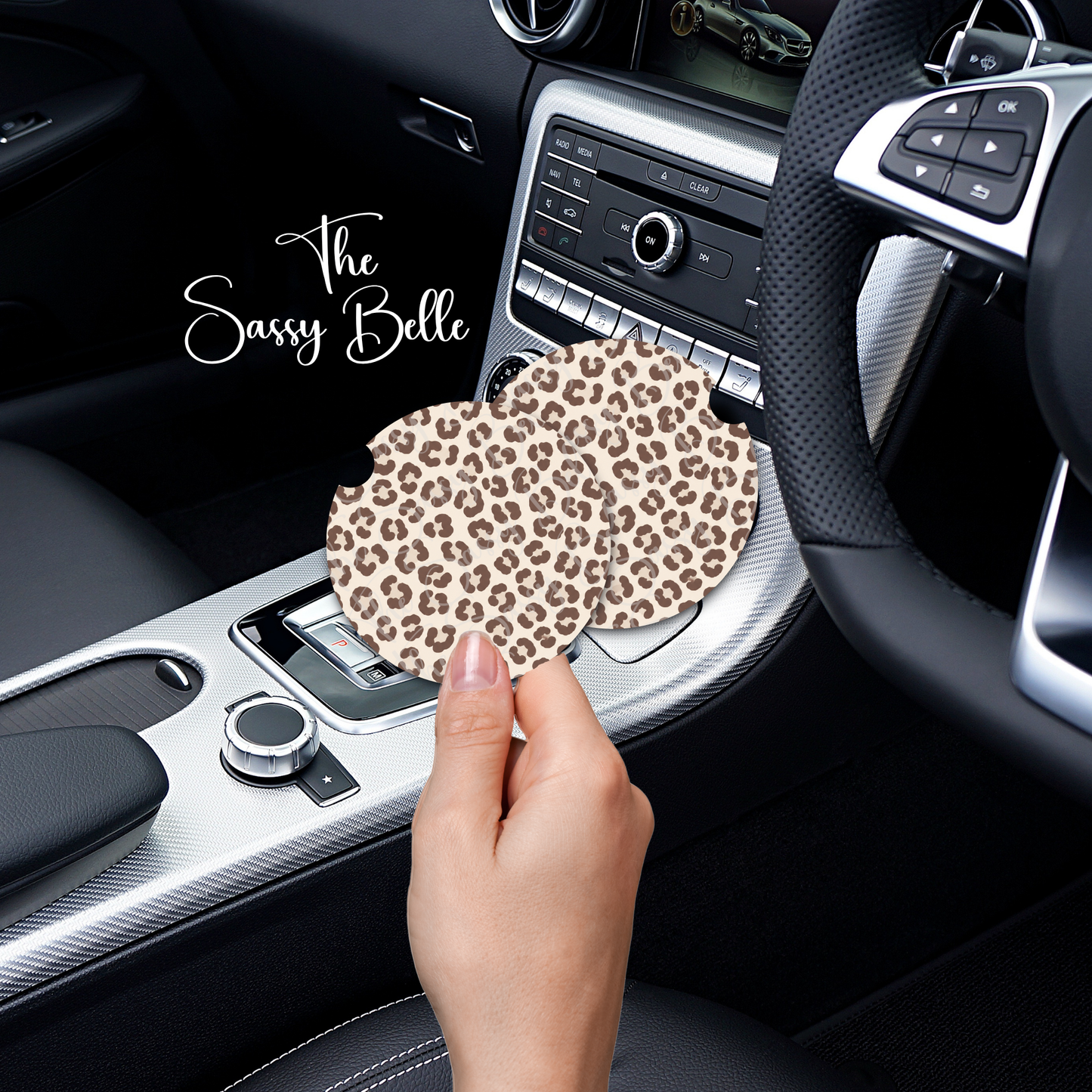 Neutral Leopard Print Car Coasters | Soft Neoprene Cup Holder Inserts | Set of 2 Cute Car Accessories