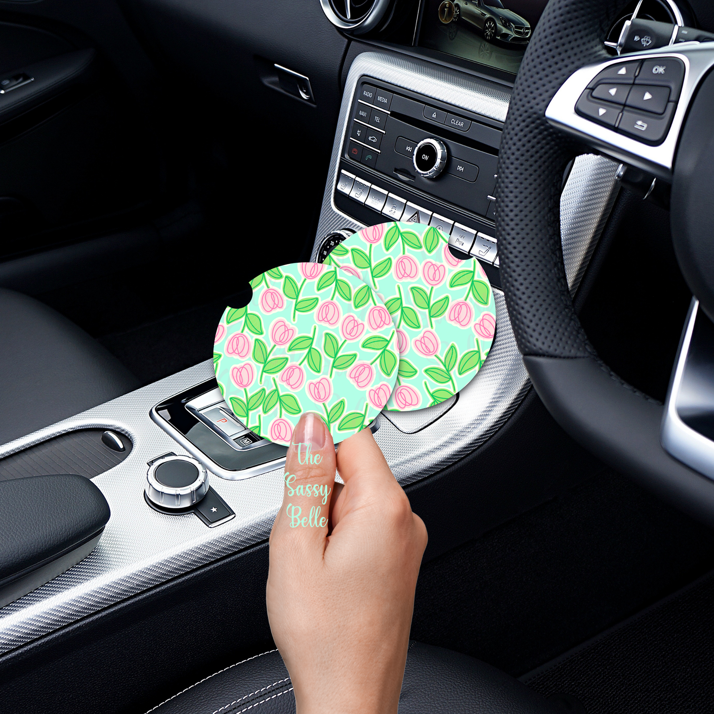 Tulip Floral Car Coaster, Neoprene Car Coasters, Interior Auto Accessories, Cute and Floral Vehicle Decor