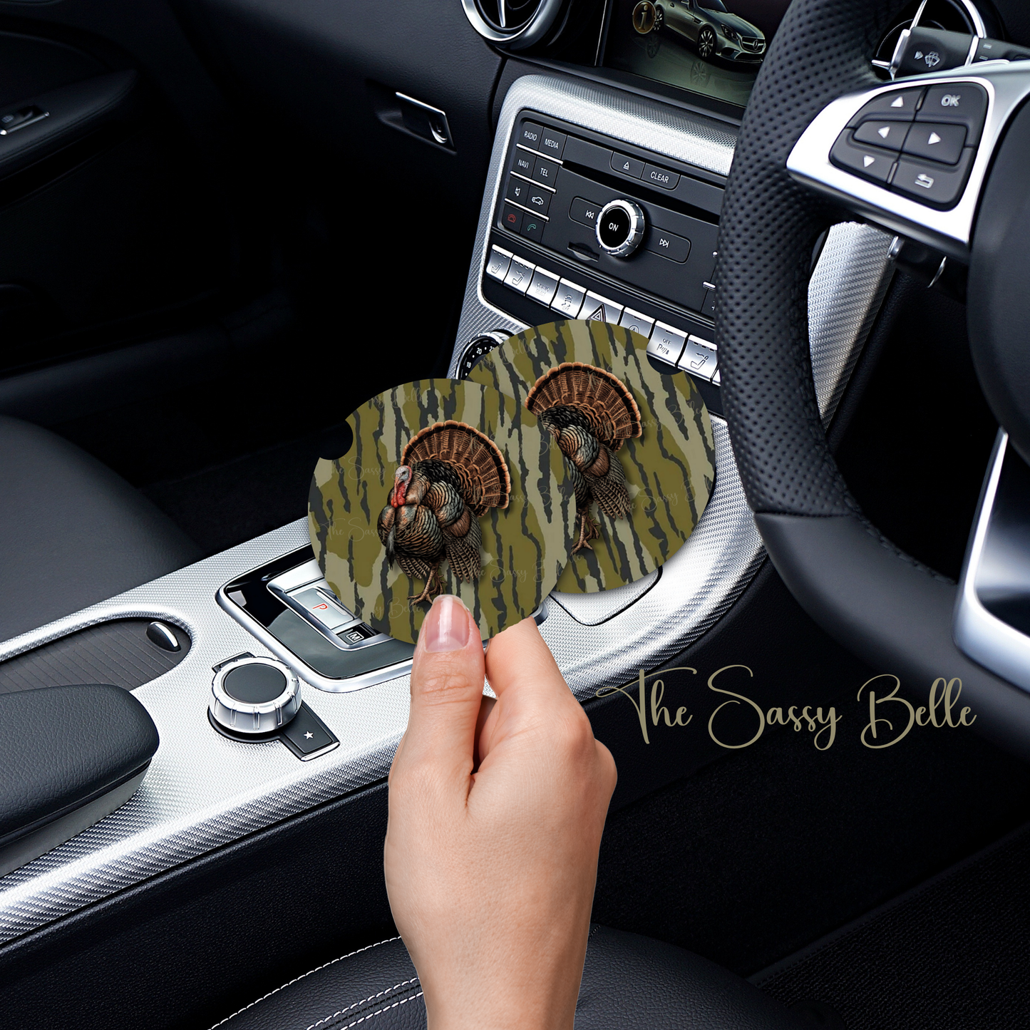 Turkey Strut Car Coasters, Neoprene Car Coasters, Set of Two, Auto Accessories, Hunter Gift, Camoflauge Auto Decor
