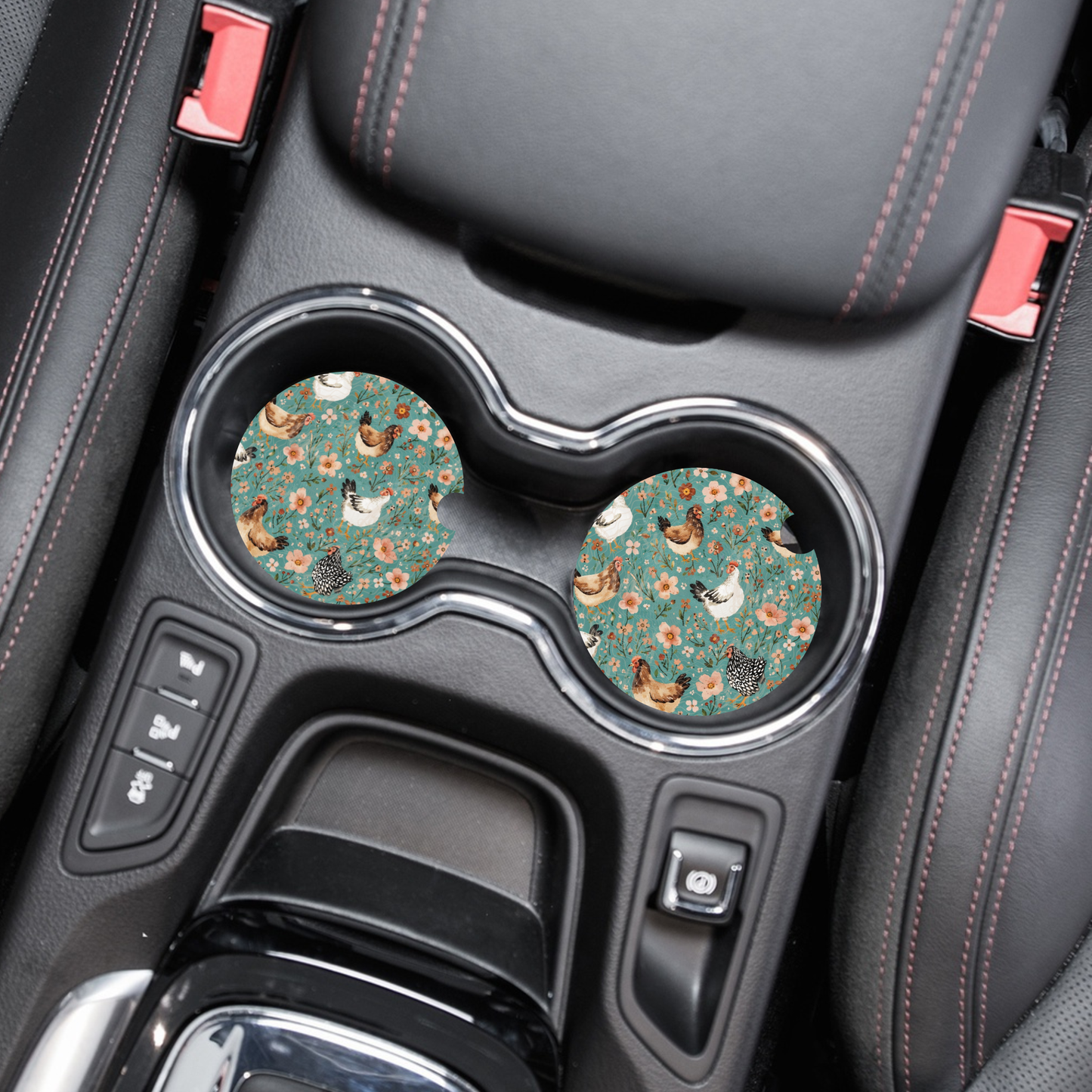 Chicken Car Coasters Set of Two, Floral Hens Car Cup Holder, Blue Turquoise Car Cup Inserts, Farm Chick Style, Interior Auto Accessories, Soft Neoprene Car Coasters