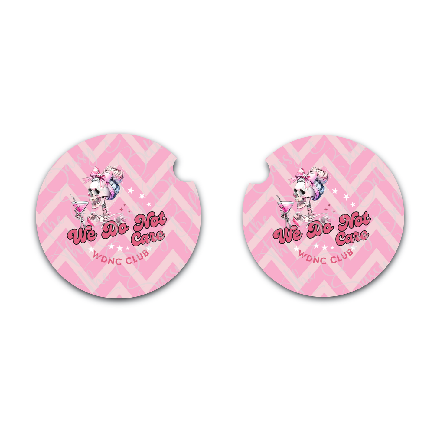 We Do Not Care Neoprene Car Coasters Set of 2 | Funny Pink Skull Car Cup Holder Coasters | Soft 2.75" Girly Car Accessories | WDNC Club Gift