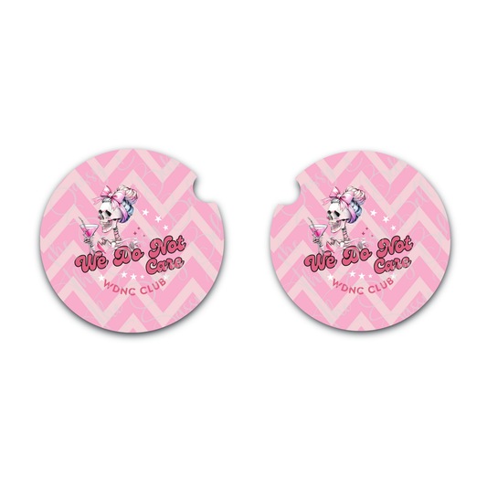 We Do Not Care Neoprene Car Coasters Set of 2 | Funny Pink Skull Car Cup Holder Coasters | Soft 2.75" Girly Car Accessories | WDNC Club Gift