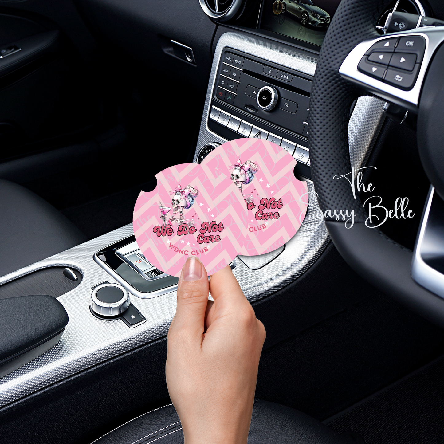 We Do Not Care Neoprene Car Coasters Set of 2 | Funny Pink Skull Car Cup Holder Coasters | Soft 2.75" Girly Car Accessories | WDNC Club Gift