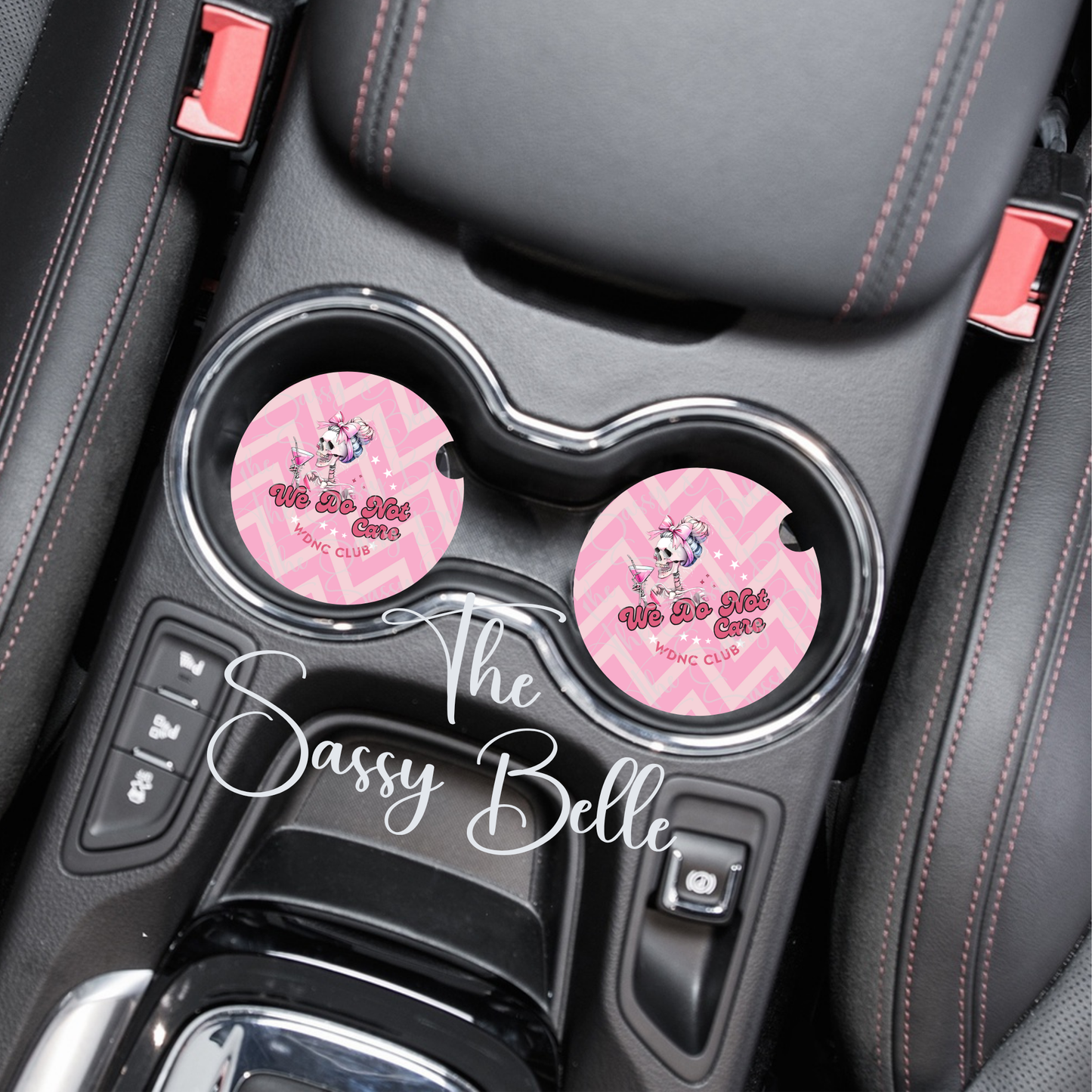 We Do Not Care Neoprene Car Coasters Set of 2 | Funny Pink Skull Car Cup Holder Coasters | Soft 2.75" Girly Car Accessories | WDNC Club Gift