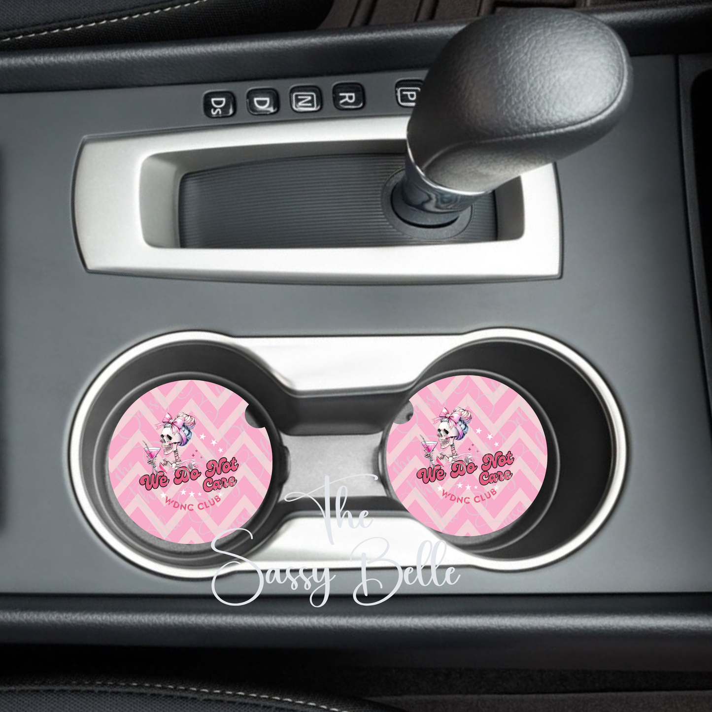 We Do Not Care Neoprene Car Coasters Set of 2 | Funny Pink Skull Car Cup Holder Coasters | Soft 2.75" Girly Car Accessories | WDNC Club Gift